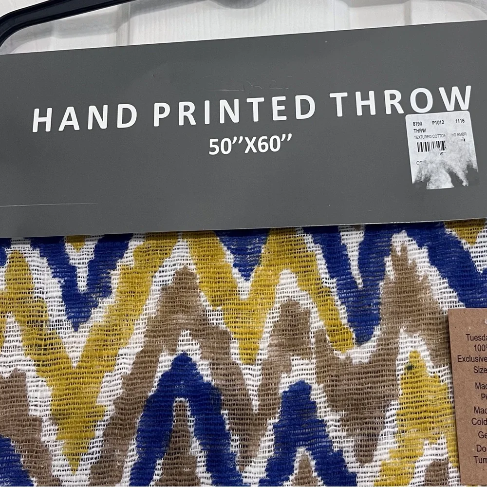 India NWT Hand Printed 50”x60” Cotton Jeweled Throw Made In India Pom Poms